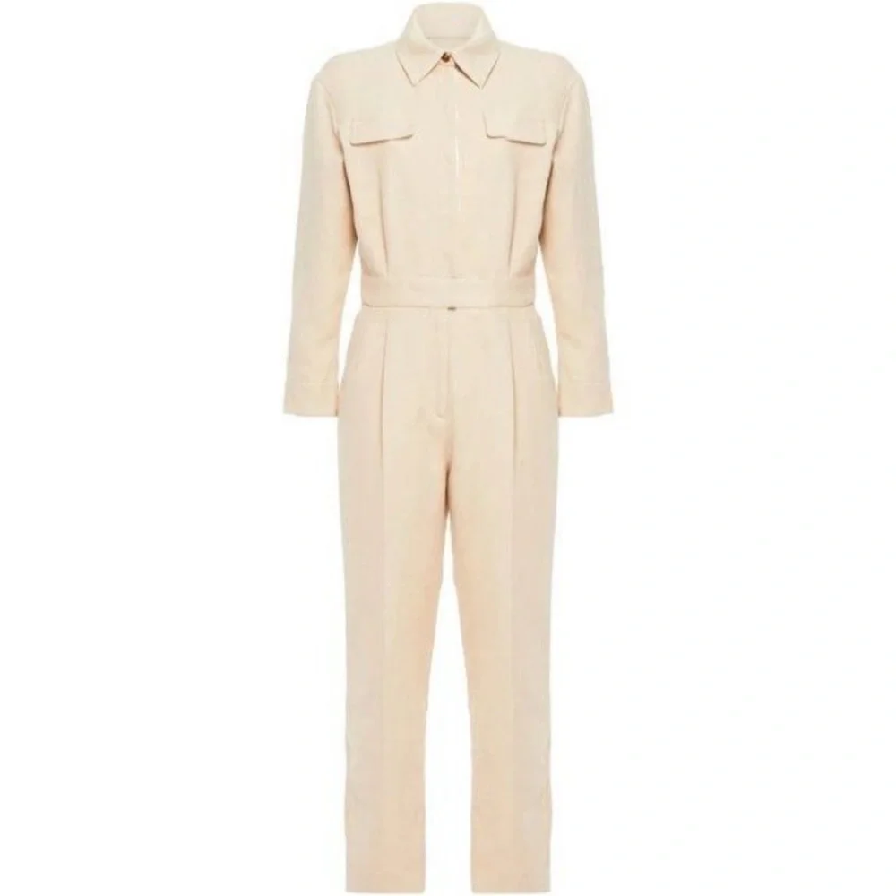 Sandro Uno Pleated Cotton And Linen-blend Twill Jumpsuit In Beige - Picture 6 of 11